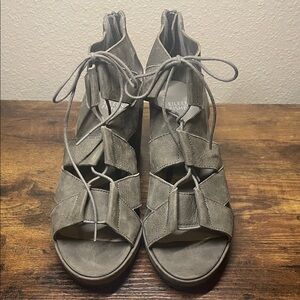 Eileen Fisher Dibs Lace Up Wedge Sandal Grey Suede Leather